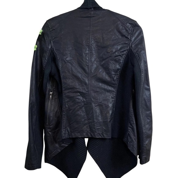 Blank NYC Faux Leather Draped Knit Open Front Zip Moto Jacket Black Size XS - Picture 2 of 8